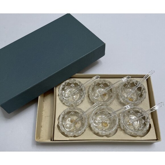6 Vintage Clear Glass Salt Cellars & Plastic Spoons Original Box Japan - NEW - Picture 1 of 4